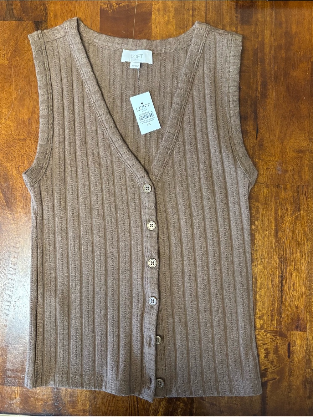 LOFT Sleeveless Ribbed Button-Front Vest in Light Brown